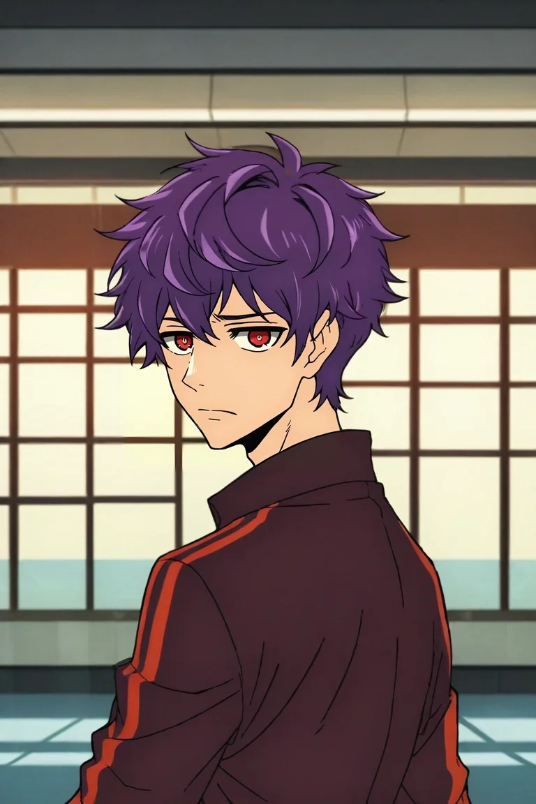 zPDXL, score_9, score_8_up, score_7_up, rating_safe, , looking at viewer, depth of field, 1boy, male focus, ruby eyes, purple hair, short hair,, solo, panorama, airport, noon, looking back, sad, <lora:kami_no_tou_style_pony:1.0>, kami_no_tou_style, , <lora:sdxl_lightning_8step_lora:1>