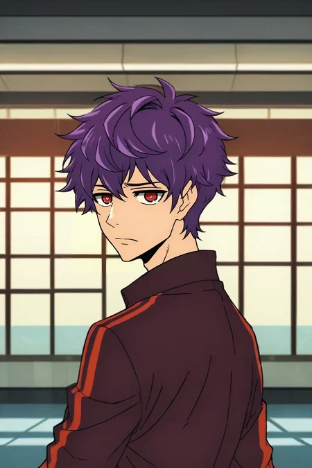 zPDXL, score_9, score_8_up, score_7_up, rating_safe, , looking at viewer, depth of field, 1boy, male focus, ruby eyes, purple hair, short hair,, solo, panorama, airport, noon, looking back, sad, <lora:kami_no_tou_style_pony:1.0>, kami_no_tou_style, , <lora:sdxl_lightning_8step_lora:1>