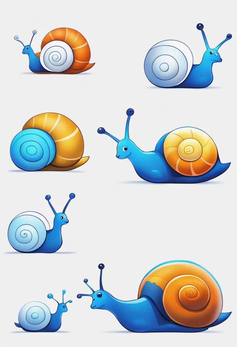 digital art Style, tutorial, painting, snail with orange shell and blue back and light yellow body, with blue eyes, 4 kind of drawing, white background, simple backgrund, soft light, A soft light comes from the right of the painting,