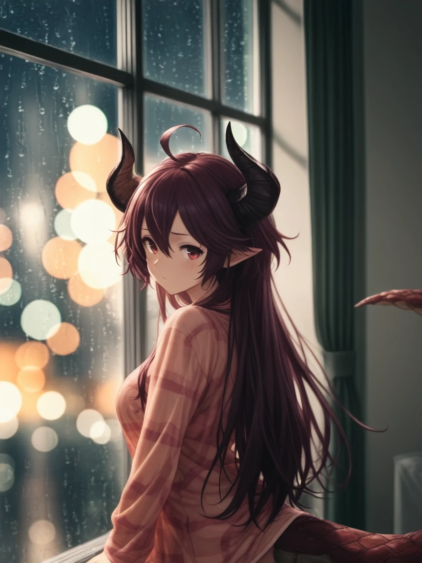 <lora:illustriousXLv01_stabilizer_v1.152:0.7>1girl,grea \(shingeki no bahamut\),long hair,closed mouth,rainbow pajamas,upper body,dragon tail,turning head,raindrop on window,city,bokeh,night,dark,indoors,masterpiece,