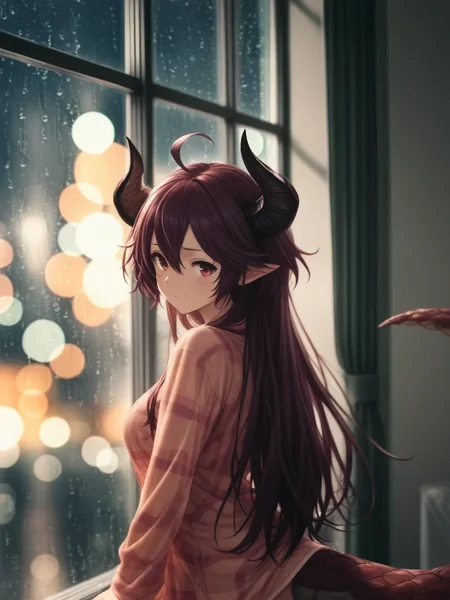 <lora:illustriousXLv01_stabilizer_v1.152:0.7>1girl,grea \(shingeki no bahamut\),long hair,closed mouth,rainbow pajamas,upper body,dragon tail,turning head,raindrop on window,city,bokeh,night,dark,indoors,masterpiece,