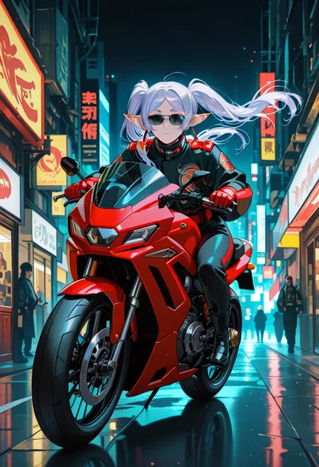 Frieren, sunglasses, samurai jacket, riding a red motorcycle, cyberpunk city,nighttime,ckym, in the style of ckym,,flowing hair