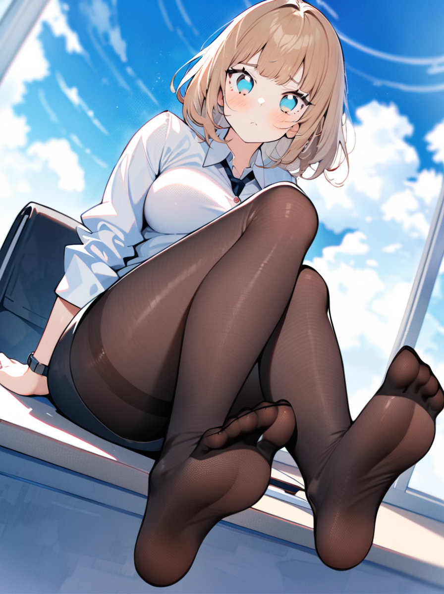masterpiece, best quality, <lora:style28-xl-a3.1:1>,((perfect female body)),looking at viewer, beautifully detailed background, ZIP2D,1girl, curvy,feet,full body,disdain,contempt,pantyhose,sitting,office lady,from below,panorama,cinematic_angle,