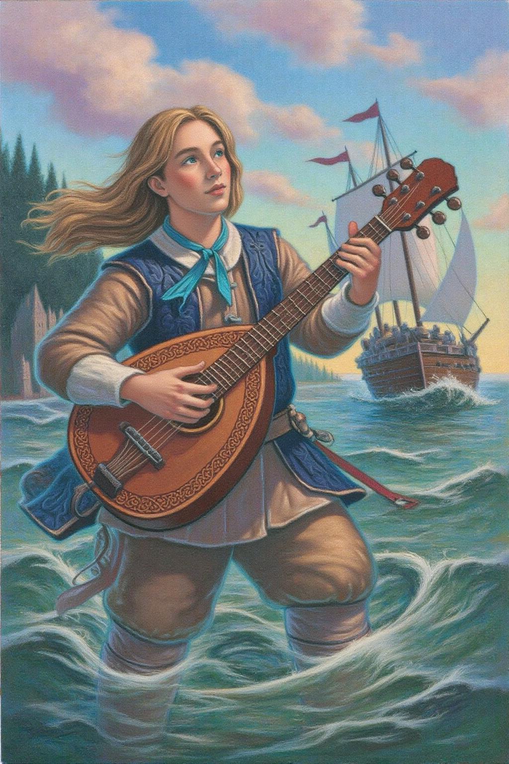 magr1 illustration.
The central figure is a young man with long, flowing blonde hair, dressed in a medieval-style outfit. He is playing a lute with intricate carvings on the body. He wears a light brown tunic with a dark blue vest adorned with a Celtic knot pattern, and a white shirt underneath. A blue ribbon is tied around his neck. There is a sailing ship on choppy water, and a sky with pink clouds in the background. <lora:magr1_cap_d6a3e12:1.0><lora:828043633090622268:0>