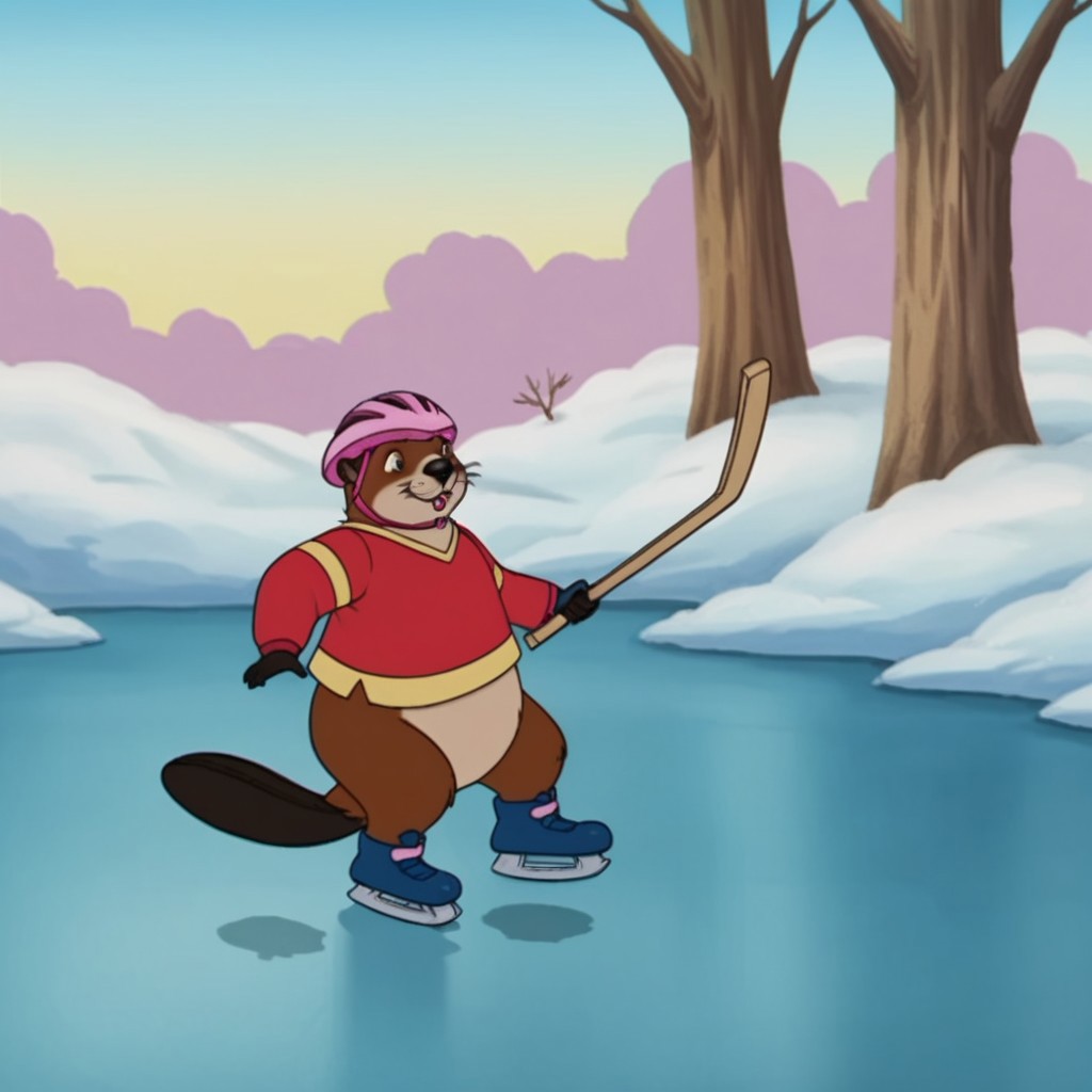 score_9, score_8_up, score_7_up, score_6_up, score_5_up, score_4_up, source_furry, beaverfrnkln, semi-anthro, female, beaver, brown fur, buck teeth, outside, standing, on ice,  pink helmet, red shirt, long sleeves, ice skates, holding, hockey stick, winter
