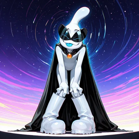 masterpiece, ultra detailed, amazing quality, absurdres, very aesthetic, from below, looming, solo, male focus, 1boy, 
orbulon_WW, white skin, alien, 3 fingers, fewer digits, sunglasses, eyes visible through eyewear, closed eyes, blue eyes, knee boots, white footwear, spiked footwear, pigeon toed, kneeling, brooch, black cape, torn cape, closed mouth, smirk, :3, blue tongue, tongue out, hands on own knees, slim, full body, leaning forward, looking down, 
BREAK 
detailed shading, shadow,  WaiIL25PosC, g0th1c, glowing, backlighting, starry sky, psychedelic background, galaxy,