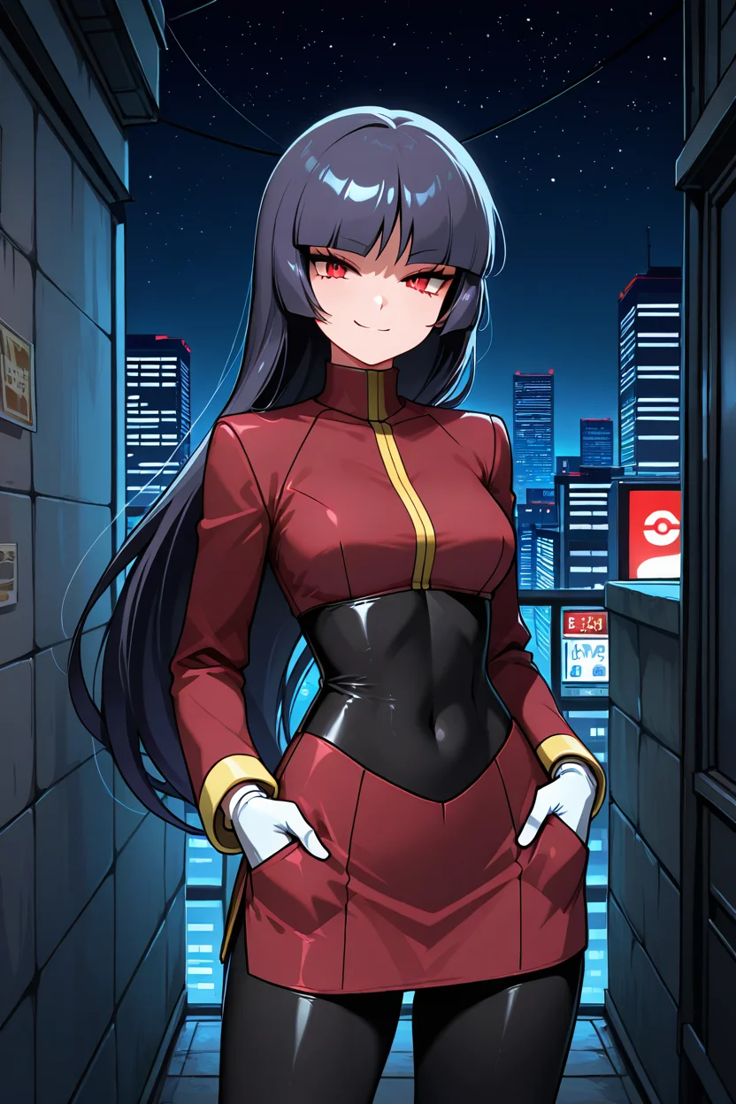 masterpiece, best quality, 1girl, solo, 21 year old model, eyelashes, (beautiful eyes), ,,,zzSabrina, red eyes, long hair, blunt bangs, sabrina (pokemon), purple hair, pantyhose, black hair, long sleeves, red skirt, white gloves, black bodysuit, <lora:SabrinaPokemonIXL:1.0>, ,,, stars, night, luminescent background, city, back alley, smug, hands in pockets, smile, looking at viewer, shiny skin, <lora:princess_xl_v2:0.3>,