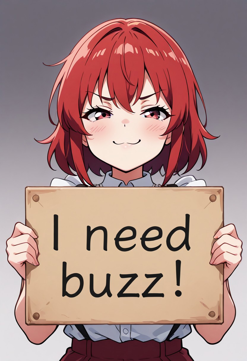 masterpiece, need_buzz, holding sign, anime, 1girl, red hair, smug, gradient background