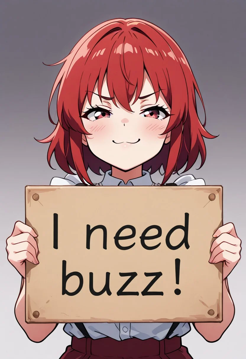 masterpiece, need_buzz, holding sign, anime, 1girl, red hair, smug, gradient background
