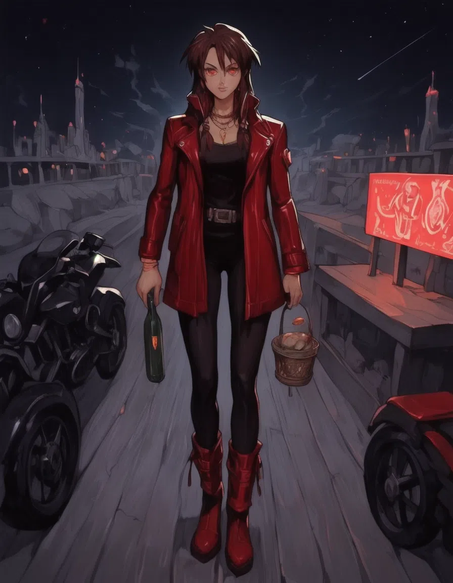 score_9_up, score_9, score_8_up, score_7_up, rating_explicit, , lora:748cmSDXL:1, best quality, masterpiece, perfect composition, official art, 748cmstyle, 1girl, silver necklace, braided bracelets, holding a margarita in a wide brimmed coupette glass, margaarta glass, salted rim, turquoise color drink, cucumber slice on rim, looking at viewer, cute smile, dynamic pose, standing, beach scenery, seaside, evening, bay, rocks, umbrella, beach chairs, beach lights, city lights in the distance, white plastic table, royal blue sky with fiery orange accents, clouds, volumetric lighting, perfect lighting, correct illumination, dark lighting, warm light, chiaroscuro,, g0thicPXL, glowing, neon,, S4bit4mago_illu, Priss Asagiri, Short, slightly curly brown hair, Red eyes, Fair skin, Red leather jacket and boots, Motorcycle gear, Provocative performance outfits with blonde wig, Dark blue Hard Suit with railgun and laser gun,