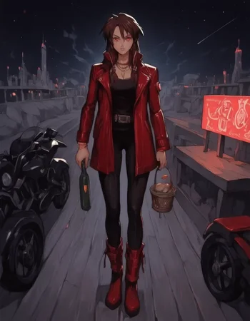score_9_up, score_9, score_8_up, score_7_up, rating_explicit, , lora:748cmSDXL:1, best quality, masterpiece, perfect composition, official art, 748cmstyle, 1girl, silver necklace, braided bracelets, holding a margarita in a wide brimmed coupette glass, margaarta glass, salted rim, turquoise color drink, cucumber slice on rim, looking at viewer, cute smile, dynamic pose, standing, beach scenery, seaside, evening, bay, rocks, umbrella, beach chairs, beach lights, city lights in the distance, white plastic table, royal blue sky with fiery orange accents, clouds, volumetric lighting, perfect lighting, correct illumination, dark lighting, warm light, chiaroscuro,, g0thicPXL, glowing, neon,, S4bit4mago_illu, Priss Asagiri, Short, slightly curly brown hair, Red eyes, Fair skin, Red leather jacket and boots, Motorcycle gear, Provocative performance outfits with blonde wig, Dark blue Hard Suit with railgun and laser gun,