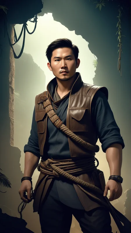 fantasy, archaeology theme, <lora:ExpeditionStyleXL:1> ExpeditionStyle solo, half shot, detailed background, detailed face, (imperial chinese theme:1.1), explorer, spelunking, dynamic pose, determined, worn-out leather clothes, vest, amulet, belt, rope, ancient ruins background, vines, torchlight, ominous, dark cinematic atmosphere,