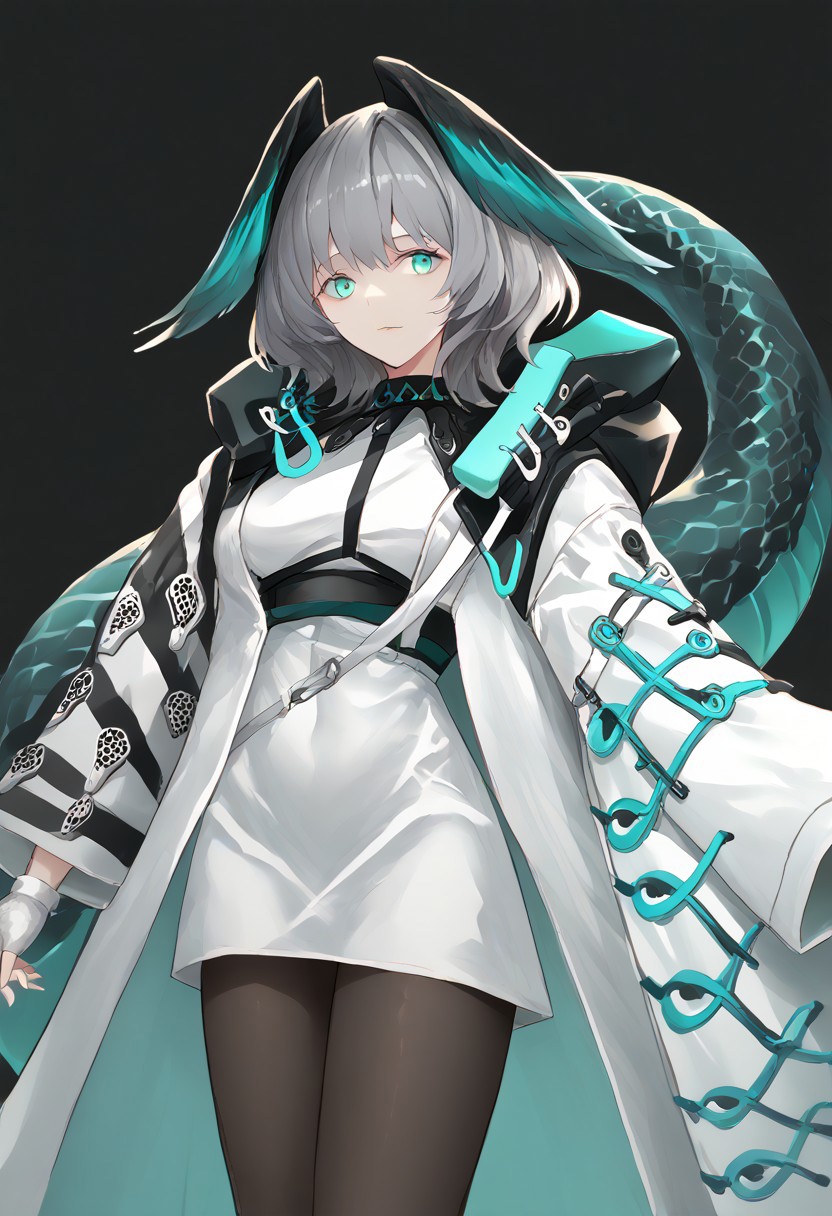 score_9, score_8_up, score_7_up, score_6_up, score_5_up, score_4_up, source_anime, 1girl, solo, 
Hoolheyak, short hair, grey hair, head wings, snake tail, aqua eyes, white dress, bodycon dress, short dress, white coat, black sleeves, white sleeves, two-tone coat, wide sleeves, belt, black collar, jewelry, fur-trimmed coat, hood down, open coat, black pantyhose, fingerless gloves, white gloves, 
masterpiece, best quality, very aesthetic, absurdres,
