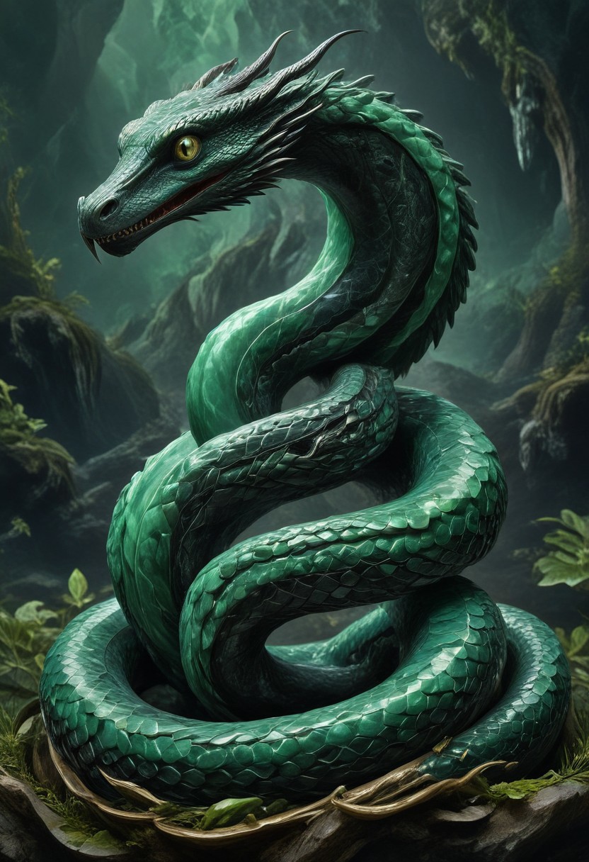 made from jade and obsidian, jade, obsidian,score_9, score_8_up, score_7_up, expensive looking,harry potter, chamber of secrets, basilisk, giant snake