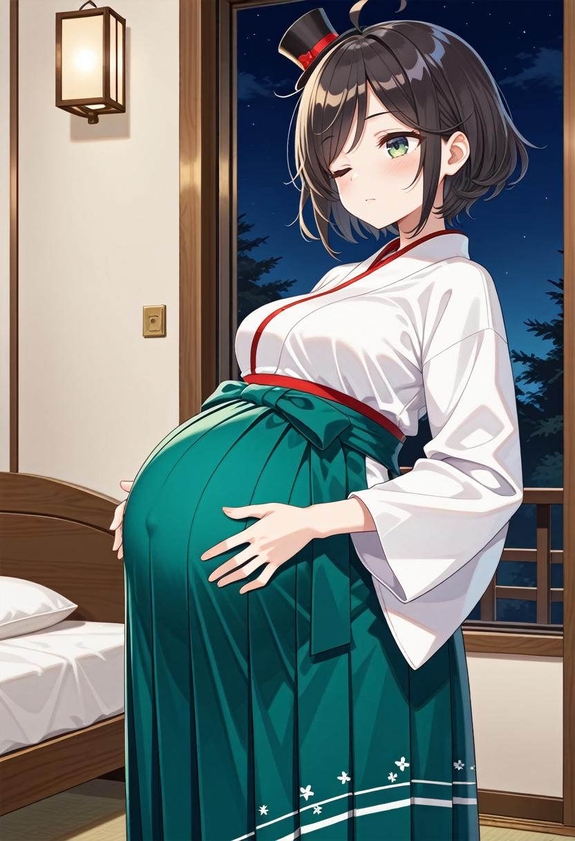 STYLE(comfy++,none) masterpiece, best quality, absurdres, 1girl, [tsukasawa takamatsu:cura, azuuru:0.3], torino aqua, matsukaze \(kancolle\), green eyes, black hair, short hair, wavy hair, ahoge, swept bangs, mini top hat, hakama skirt, green hakama, medium breasts, pregnant, big belly, one eye closed,  angry, looking afar, belly rub, hand on own stomach, facing to the side, (arched back), squatting, cowboy shot,  night, messy room, <lora:Pregnancy_Slider:1> <lora:pregnant_clte_v2:1> <lora:dmd2_sdxl_4step_lora_fp16:1>