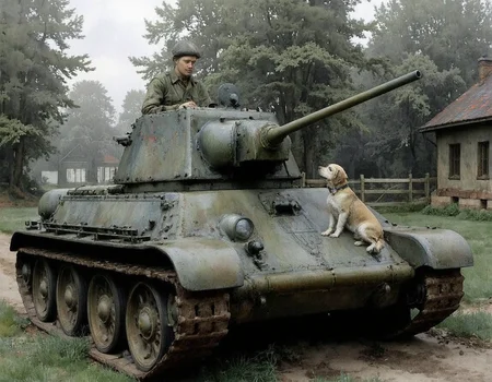<lora:Inkquaria:1> Inkquaria,
Inkquaria. Watercolor of a Soviet tank crew. <lora:t341942:0.8>t341942
A scene from a battlefield in Eastern Europe in 1945. A Soviet tank crew member plays with a dog in front of his parked tank. The edge of the forest, a ruined house, a fence, <lora:soviet-tank-crew:0.8> soviet-tank-crew