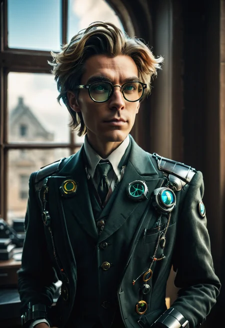 sfw, score_9, score_8_up, score_7_up, cinematic photo, dramatic lighting, dynamic pose, portrait, androgynous cybermutant aristocrat with glasses and mussed hair, earth in the window