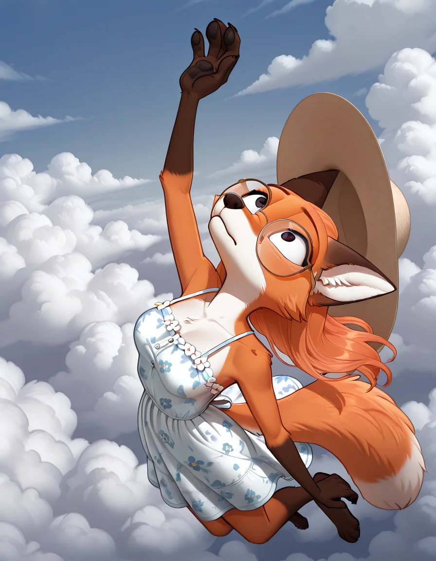 solo, 1girl, otserey, fox girl, red fur, white fur, two-tone fur, glasses, long orange hair, looking up, holding sunhat, midair, floral sundress, sky, clouds, outstretch paw, arm up, from above,
