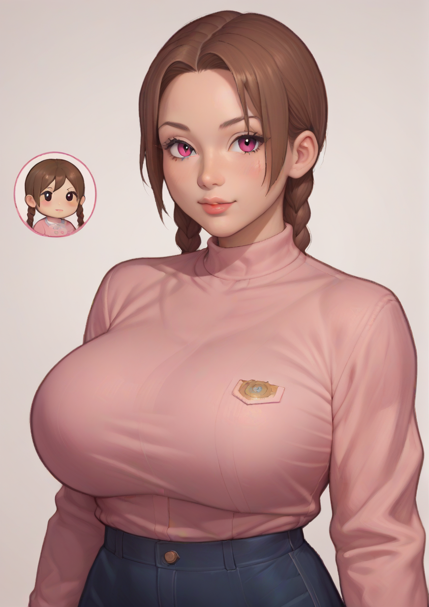 1girl, madotsuki, huge breast, , braid, brown hair, chibi, continue, gameplay mechanics, long hair, pink shirt, shirt, solo, sweater, twin braids, twintails,zPDXL3   <lora:gill_artworks:1>