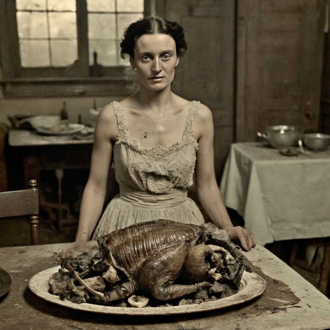 daguerreotype tintype portrait of circa 1850 woman, setting a platter of roasted alien turkey and trilobites on a dirty dining table, in old kitchen, wearing a cotton revealing sexy dirty old ripped dress made of cotton, detailed face, intricate detail, looking directly at the viewer