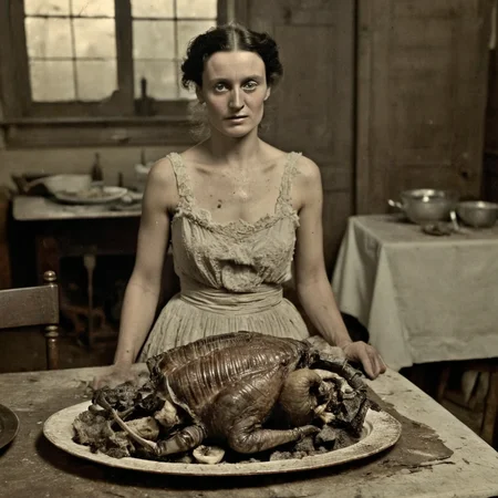 daguerreotype tintype portrait of circa 1850 woman, setting a platter of roasted alien turkey and trilobites on a dirty dining table, in old kitchen, wearing a cotton revealing sexy dirty old ripped dress made of cotton, detailed face, intricate detail, looking directly at the viewer