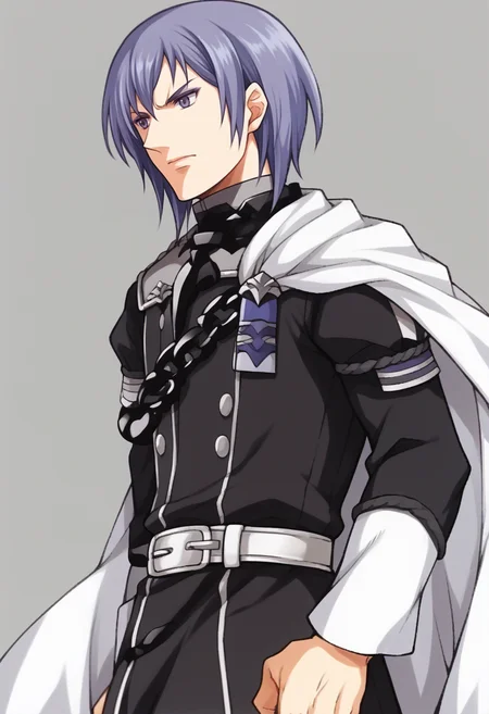score_9, score_8_up, score_7_up, source_anime, BREAK <lora:zs_FE9PortraitsXL:1> fe9portraits, solo, cowboy shot, simple background, 1boy, <lora:YuriFE-pdxl:1> yuriFE3H, uniform, chain, white cape, belt