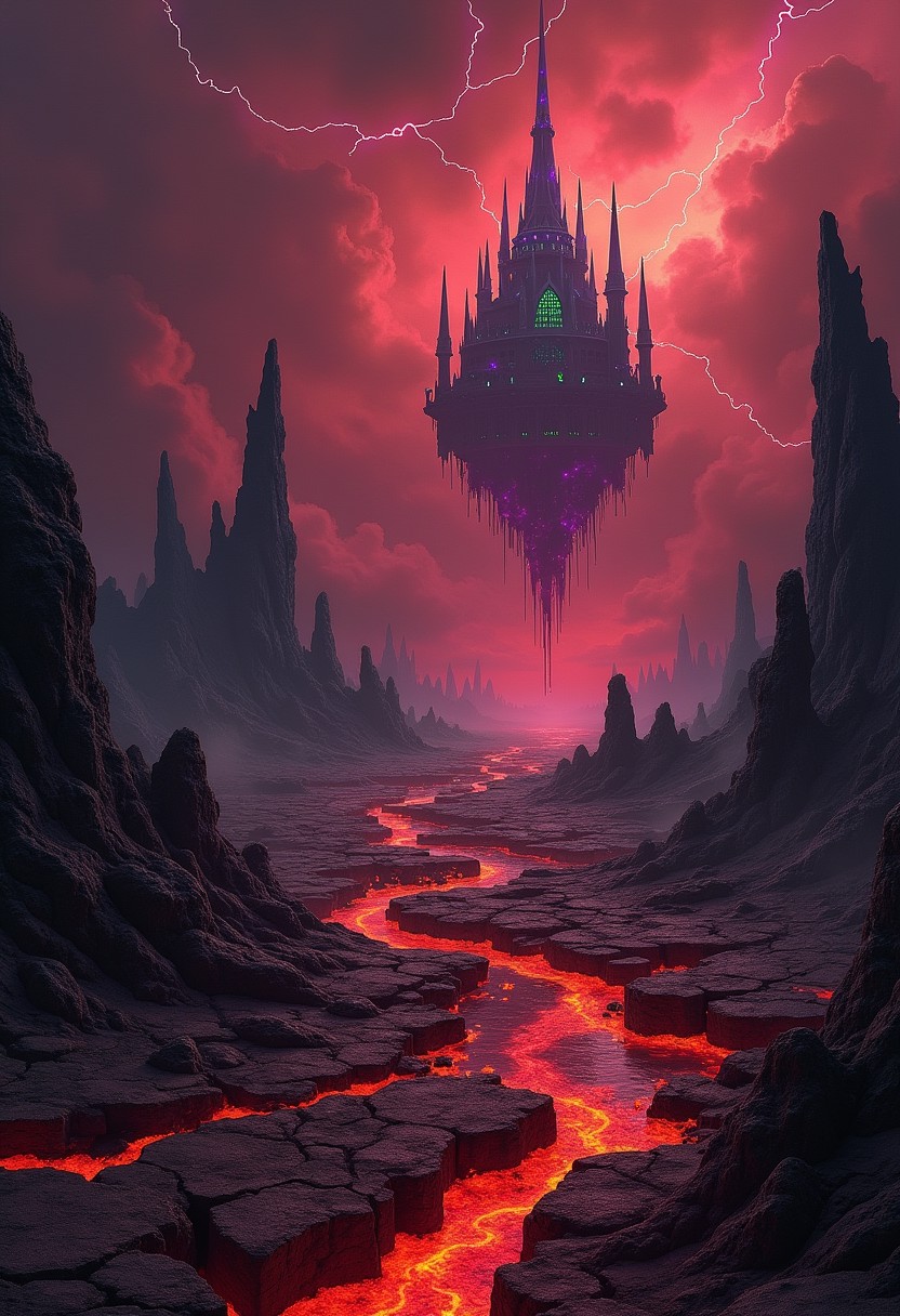 A grimdark, enchanted wasteland beneath a blood-red sky. Cracked, jagged earth glows with molten veins, surrounding twisted, obsidian monoliths that pulse with dark energy. The sky churns with storm clouds, occasionally split by arcs of violet lightning. In the distance, a colossal, floating fortress made of black stone looms, its spires crowned with flickering, green flames. The air is thick with ash and embers, swirling around the eerie, glowing runes etched into the ground. The overall atmosphere is one of ancient, malevolent magic and impending doom