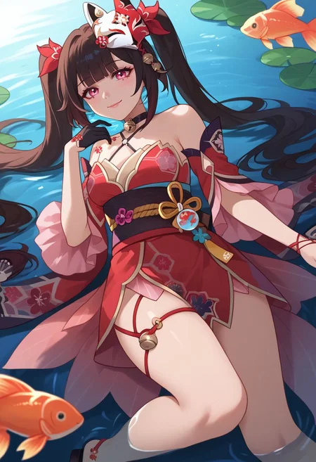 score_9, score_8_up, score_7_up, source_anime, 1girl, sparkledef, pink eyes, long hair, twintails, fox mask, mask on head, bell, black choker, bare shoulders, flower tattoo, criss-cross halter, detached sleeves, red dress, japanese clothes, obi, black sash, black gloves, single glove, thigh strap, sandals, lying, on back, hand on own chest, water, partially submerged, goldfish, fish, closed mouth, smile, looking at viewer, outdoors, pond, sun, portrait, close-up, facing viewer, <lora:Sparkle_v1-000010:1>