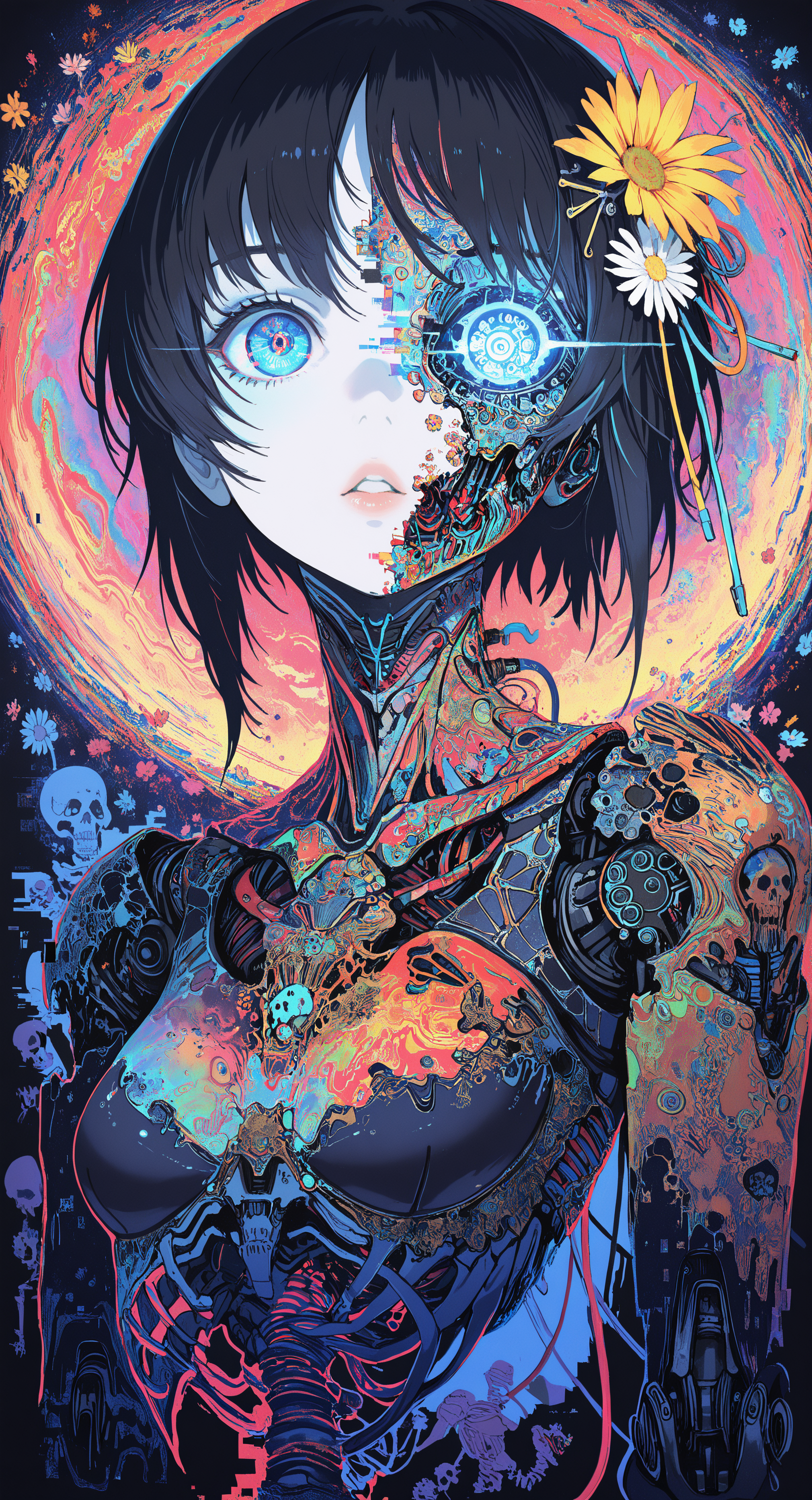 masterpiece, best quality, good quality, very awa, newest, highres, absurdres, 1girl, solo, short hair, blue eyes, black hair, hair ornament, flower, parted lips, teeth, hair flower, lips, portrait, robot, skull, android, cable, cyborg, skeleton, damaged, bone, album cover, colorful, surreal, mechanical parts, abstract, glitch, cyberpunk, daisy, limited palette, sketch, glowing, psychedelic, <lora:illustriousXL_stabilizer_v1.23:0.3> <lora:NOOB_vp1_detailer_by_volnovik_v1:0.3> <lora:ponyv6_noobE11_2_adamW-000017:0.3> <lora:114558v4df2fsdf5:1> <lora:mon_monmon2133:0.6>
