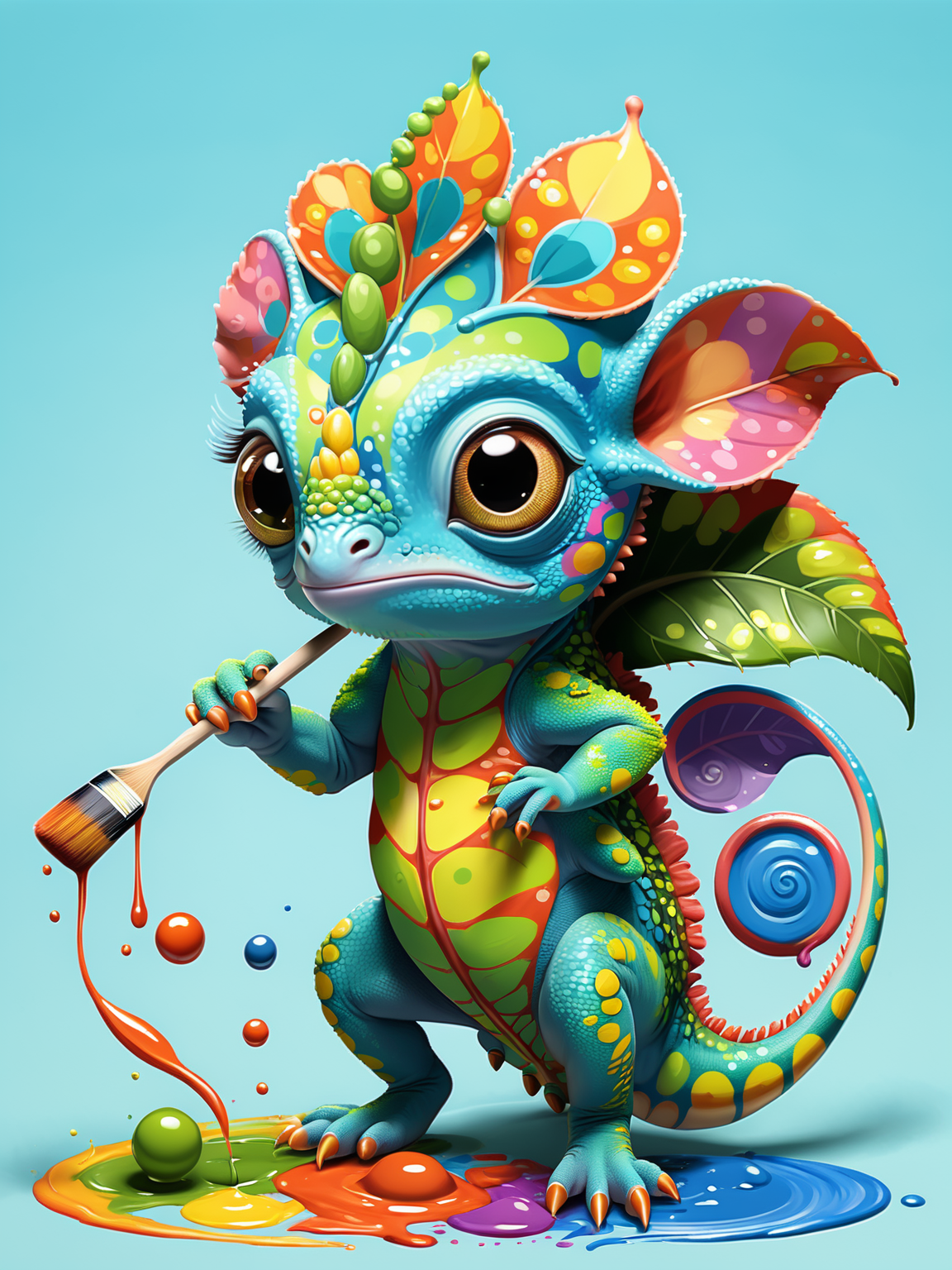 Kawaii Chameleon Painter changing its body colors to match its vibrant painting. Render this in an anime style, focusing on the chameleon's cute, wide eyes and intricate patterns on its body.
<lora:xl_more_art-full_v1:1>
