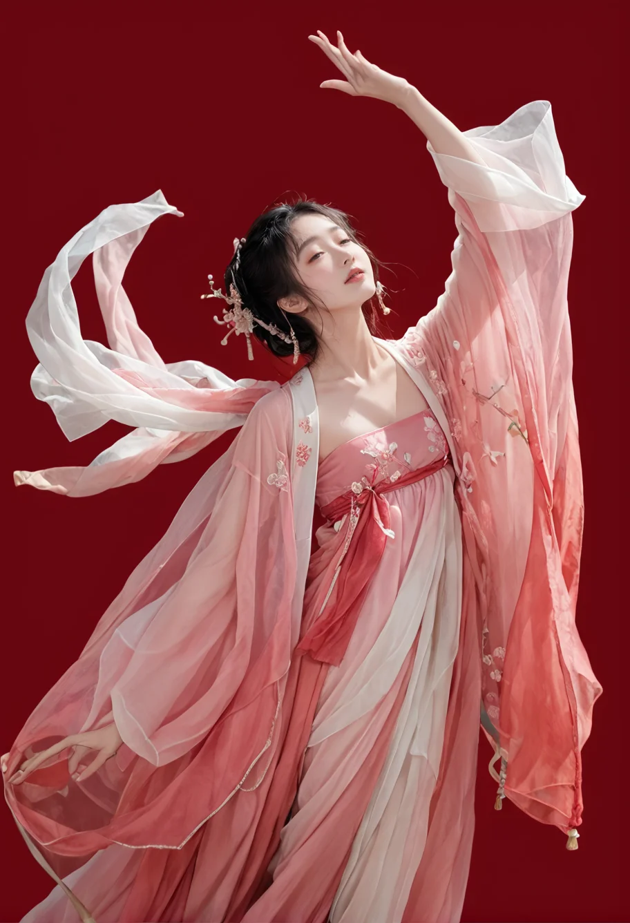 red background,1girl,solo,dancing,,ruanyi0758,hanfu,pink dress,see-through,shawl,wide sleeves,jewelry,<lora:0758 Peach Blossom Hanfu_v1_pony:1>, score_9,score_8_up,score_7_up,,8k,1girl,solo,