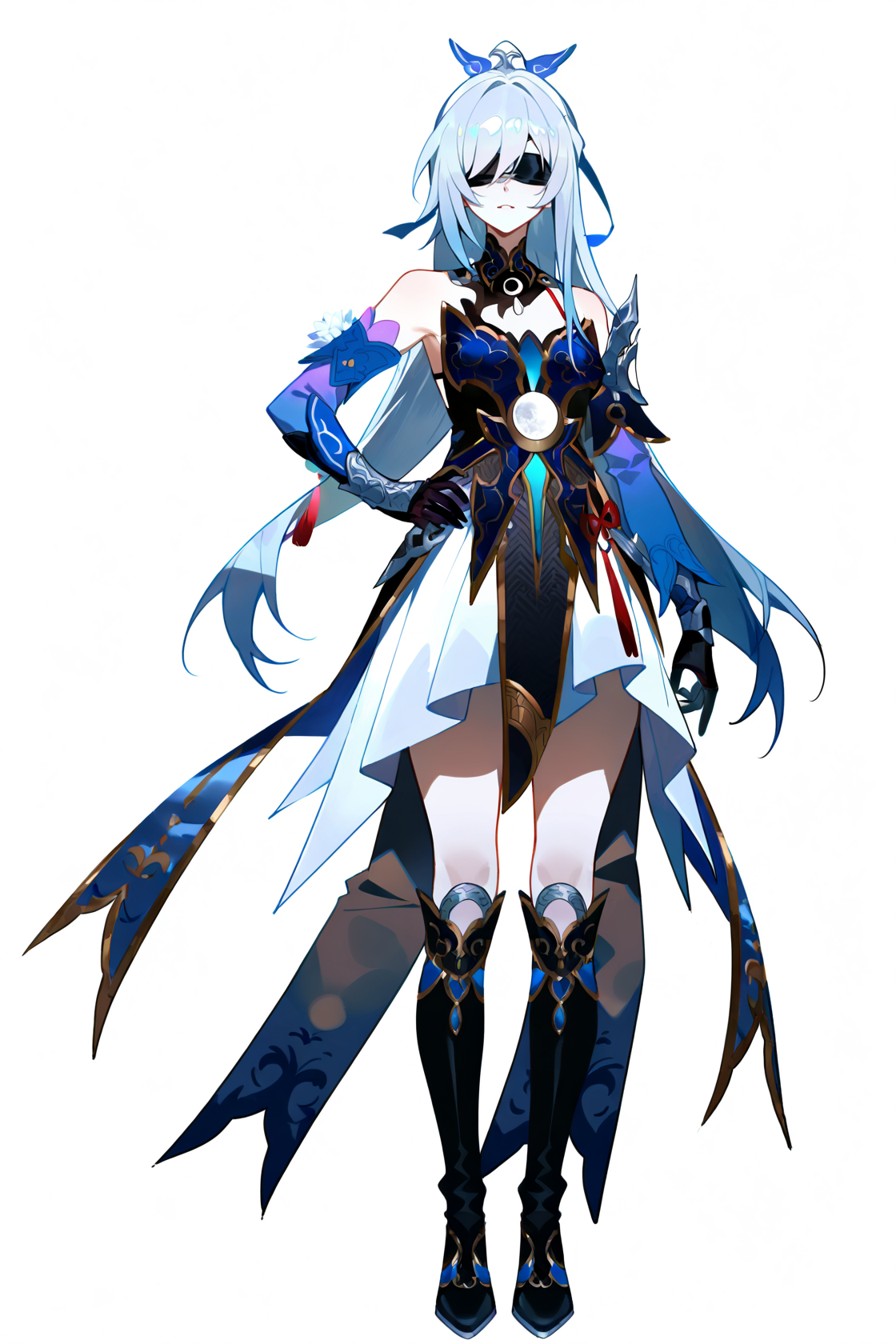 8k, best quality, masterpiece, (ultra-detailed), (high detailed skin), 
(wanke), (pigeon666), (rei_(sanbonzakura)), konya_karasue, year 2023, 
full body, full shot, standing, looking at viewer, (solo:1.2), simple background, white background, hand on own hip, 
<lora:jingliu-noob-Tanger-000014:0.8>, jinliu, default clothes, silver hair, blue and white chinese  dress, Blindfold with crescent marking, 1girl, eyepatch, long hair, boots, black gloves, bangs, bare shoulders, ponytail, black footwear, covered eyes, Blindfold, 
A full-body portrait of a young girl, standing gracefully, pastel art style, high-key lighting, shoujo manga influence, hd quality, delicate details,