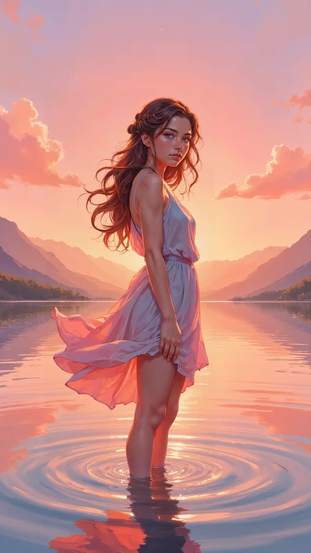 High-resolution anime-style illustration, a young woman standing barefoot in a calm lake at sunset, gentle ripples forming around her feet. Her long, wavy chestnut hair is styled into an intricate braided crown, loose strands framing her serene expression. She wears a flowing, pastel dress, the fabric drifting on the waterâs surface. The sky glows in warm pinks and oranges, misty mountains fading into the distance, painterly textures blending soft anime shading with impressionistic warmth <lora:oilpaintzver5:0.8> <lora:ILLUSTRATION_(FLUX)_-_V3.1:0.4> <lora:Anime_v1.3:0.6>