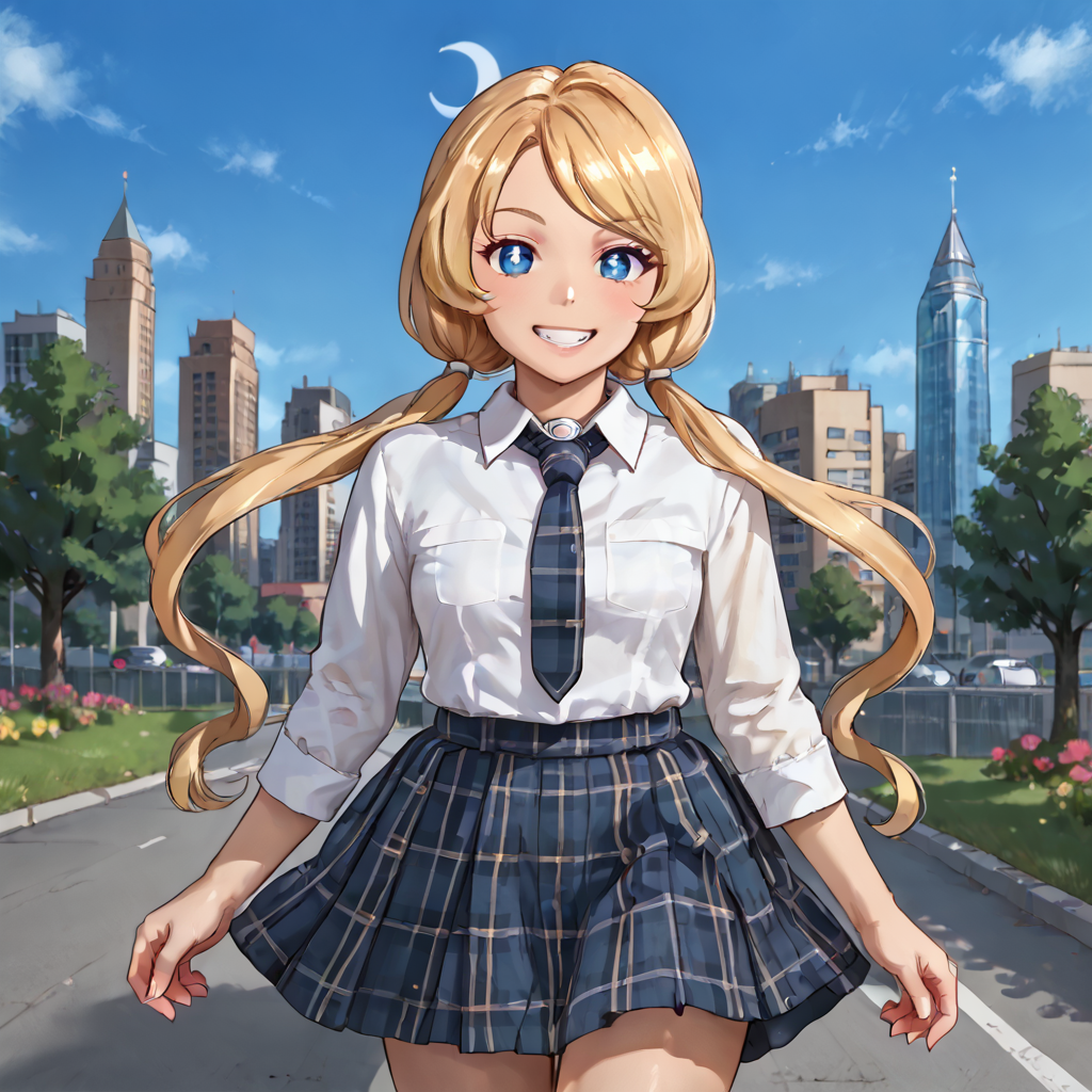 outdoors, city, <lora:Yuelia_-_Fantasy_Life:.8>yuelia, 1girl, solo, long hair, blonde hair, low twin tails, blue eyes, (((diamond iris))), diamond eyes, crescent moon medallion, grin <lora:schg:0.99> hud_schgrl, 1girl, solo, school uniform, skirt, plaid, plaid skirt, necktie, shirt