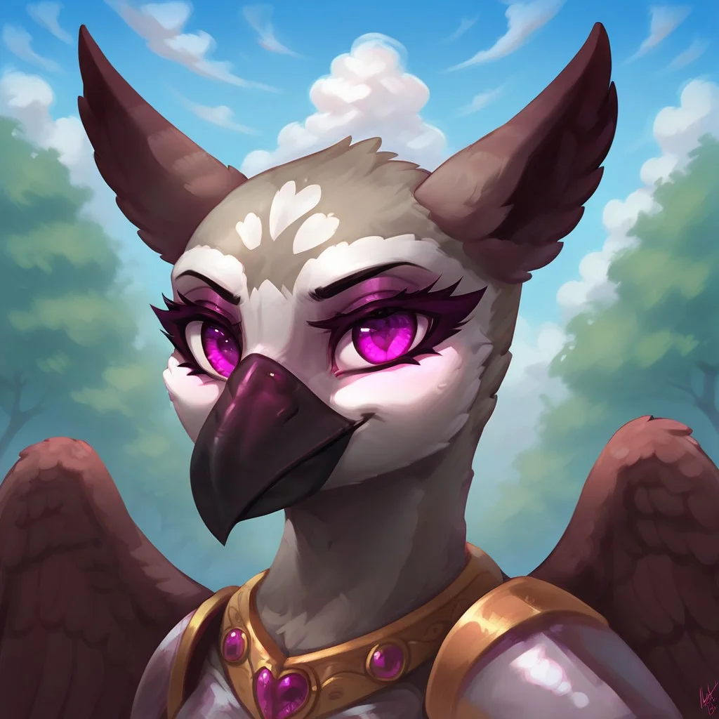 masterpiece, score_9, score_8_up, score_7_up, (best quality:1.1), ultra-detailed, high resolution, 1character, beak, wings, female, princess sköldsvärd, corrupted, jewelry, evil, (((beautiful detailed purple eyes))), Long eyelashes, Looking At Viewer, Highly Visible, (((8k))), from Equestria at War glowing eyes, armor, griffon, solo, looking at viewer, feathery ears, day, sunny, perfect lighting, outdoors, detailed background, zPDXL2