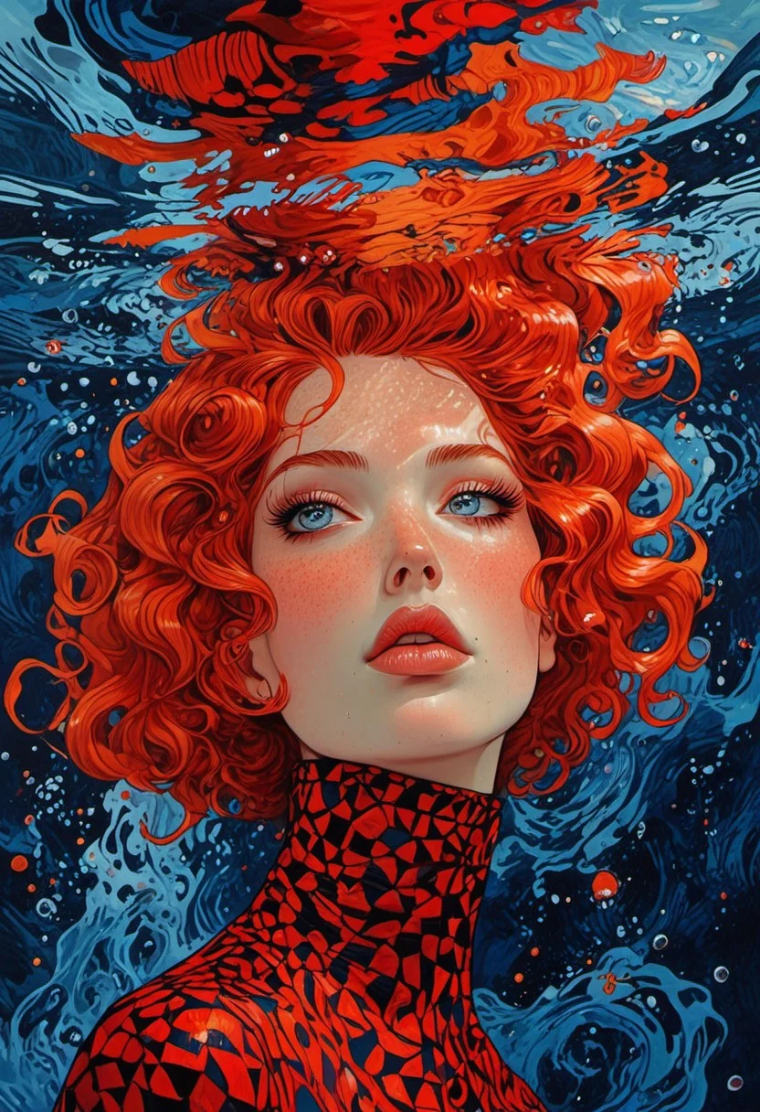 The composition includes evil female, red short dress, curly red hair with glitter, backstroke in the pool, most of the picture shows water, trending on ArtStation, tintricate, showing modern minimalism, detailed, abstract, trippy, 60s style, op art, dark blues and blacks, patterns, hypnotic, art by careening into peace.