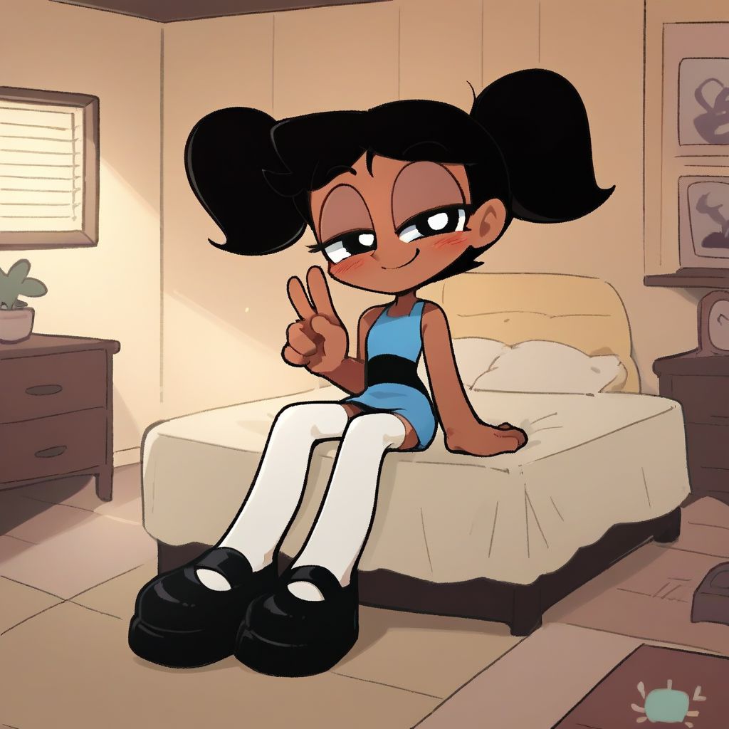score_9, score_8_up, score_7_up, score_6_up, score_5_up, score_4_up, BREAK, source_anime, connie_maheswaran, indoors, short twintails, black hair, small breasts, black footwear, white thighhighs, smile, smug, blush, blue top, sleeveless, blue miniskirt, peace sign, pantsless, powerpuff, dark-skinned female, 1girl, sitting, indoors, living room, on bed,