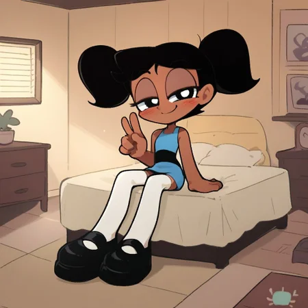 score_9, score_8_up, score_7_up, score_6_up, score_5_up, score_4_up, BREAK, source_anime, connie_maheswaran, indoors, short twintails, black hair, small breasts, black footwear, white thighhighs, smile, smug, blush, blue top, sleeveless, blue miniskirt, peace sign, pantsless, powerpuff, dark-skinned female, 1girl, sitting, indoors, living room, on bed,