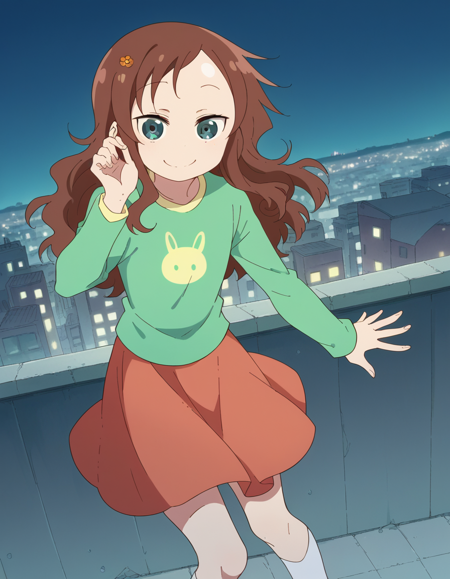 score_9, score_8_up, score_7_up, source_anime, <lora:riko-saikawa-s2-ponyxl-lora-nochekaiser:1>, riko saikawa, long hair, brown hair, green eyes, hair flower, hair ornament, flower,, skirt, shirt, long sleeves, red skirt, white socks, green shirt,, city skyline, rooftop view, night time, city lights, quiet reflection, smile, , smile, solo,, dutch angle,