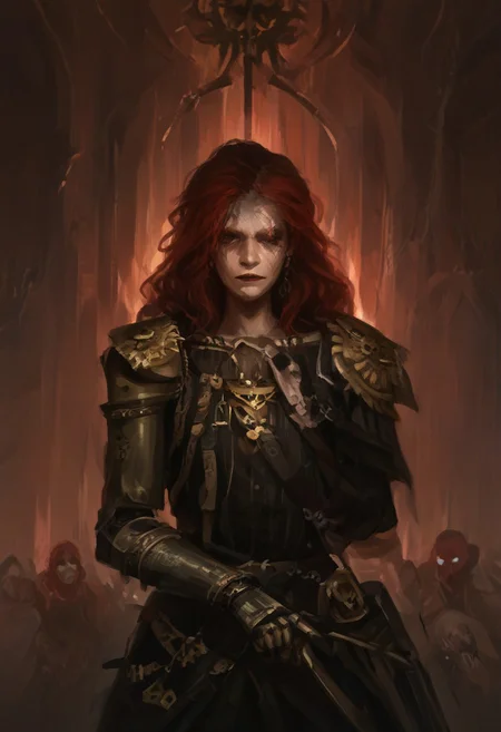 MaleniaRot, scarlet red hair, one eye closed, scar on face, single scar on arm, single mechanical arm,w4rh4mm3r style oil painting, grimdark, sister of battle, flamethrower, fire, guard, guarding, striking a pose, head down, leaning against a wall, Expressiveh, hivecity street, crowded, solo focus,