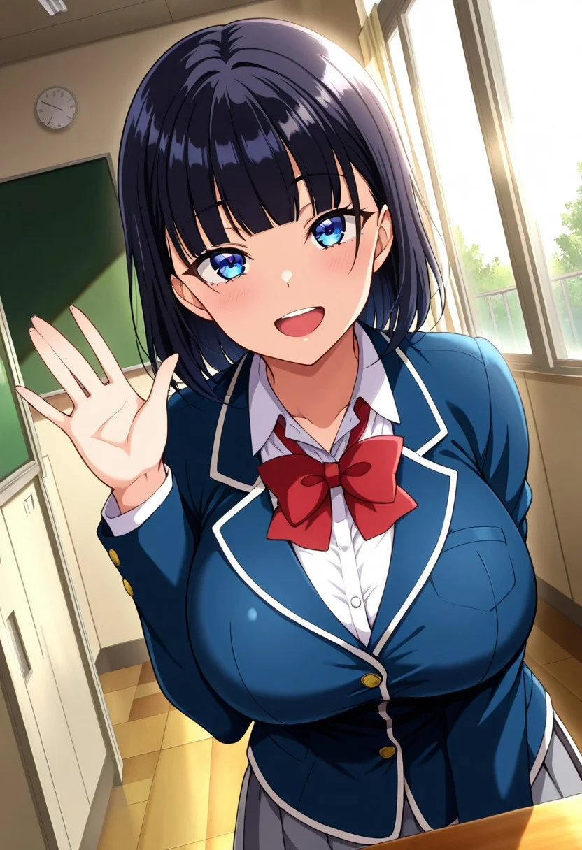 general,highres, ultra-detailed,very aesthetic,best quality ,best hands,best eyes,easynegative,
dynamic anglre, dutch angle, anime cloring,
1girl solo,looking at viewer,school, indoors, smile, open mouth, waving hand, 
Misao Takamine,black_hair, short_hair, blunt bangs, blue eyes, huge_breasts,school uniform