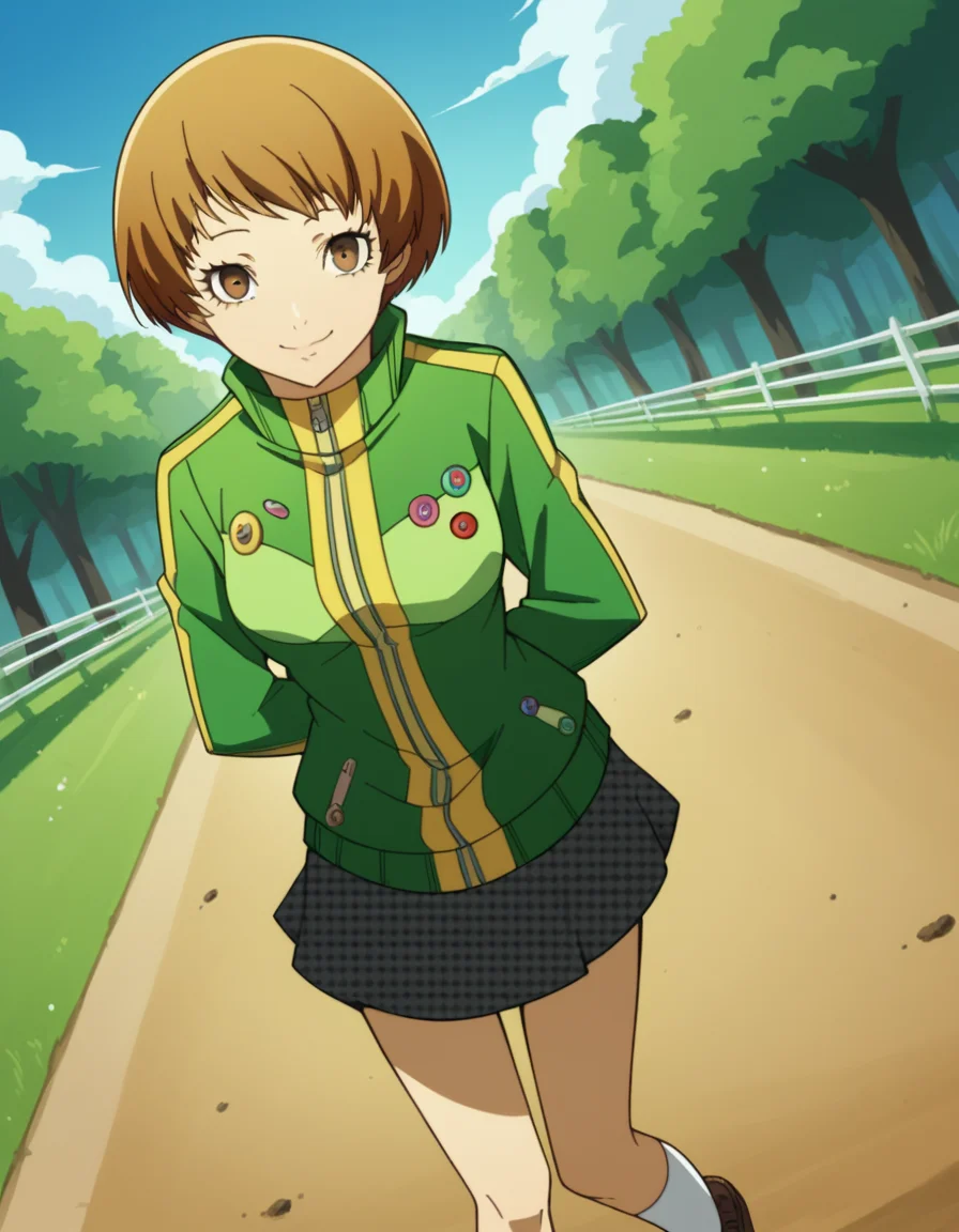 score_9, score_8_up, score_7_up, source_anime, <lora:chie-satonaka-s1-ponyxl-lora-nochekaiser:1>, chie satonaka, short hair, brown hair, brown eyes, medium breasts,, skirt, jacket, shoes, socks, track jacket, badge, button badge, smiley face, green jacket,, bike ride, countryside, dirt road, trees, afternoon sun, peaceful, alone, smile, looking at viewer, hands behind back, bent over, smile, solo,, cowboy shot, dutch angle