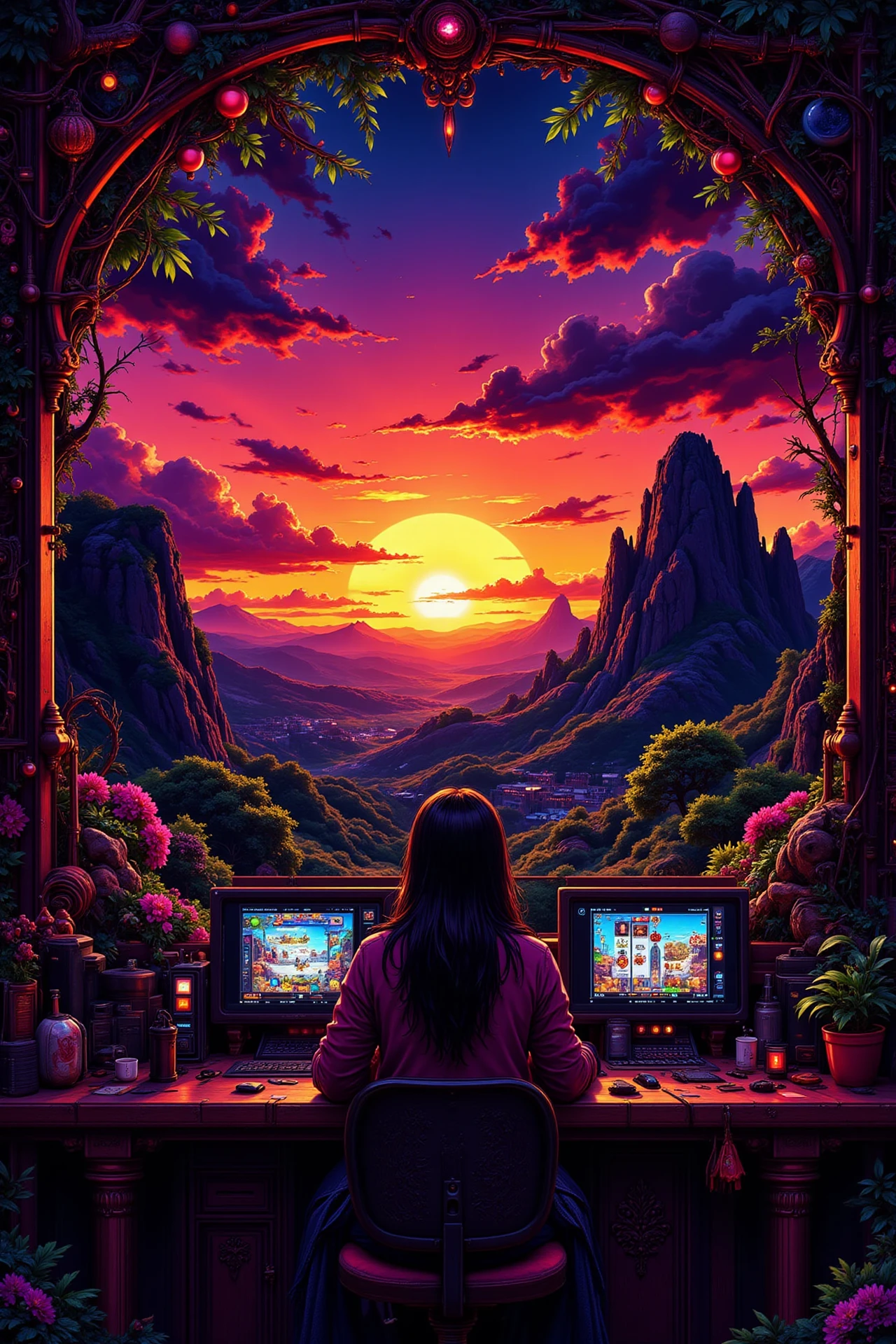 a person playing slots beautiful  landscape, sunset, woman, very intricate, very detailed, sharp, bright, colorful, <lora:Hand v2:0.5> <lora:Anti-Blur:1><lora:Insane Detail Slider:0.25>  <lora:flux.1_lora_flyway_Epic-detail_v2:0.3> <lora:fluxenhancer:0.25> <lora:Neurocore Anime Cyberpunk v2.0:1> A digital artwork in the style of cknc <lora:abyss-neon:0.6> bo-neon