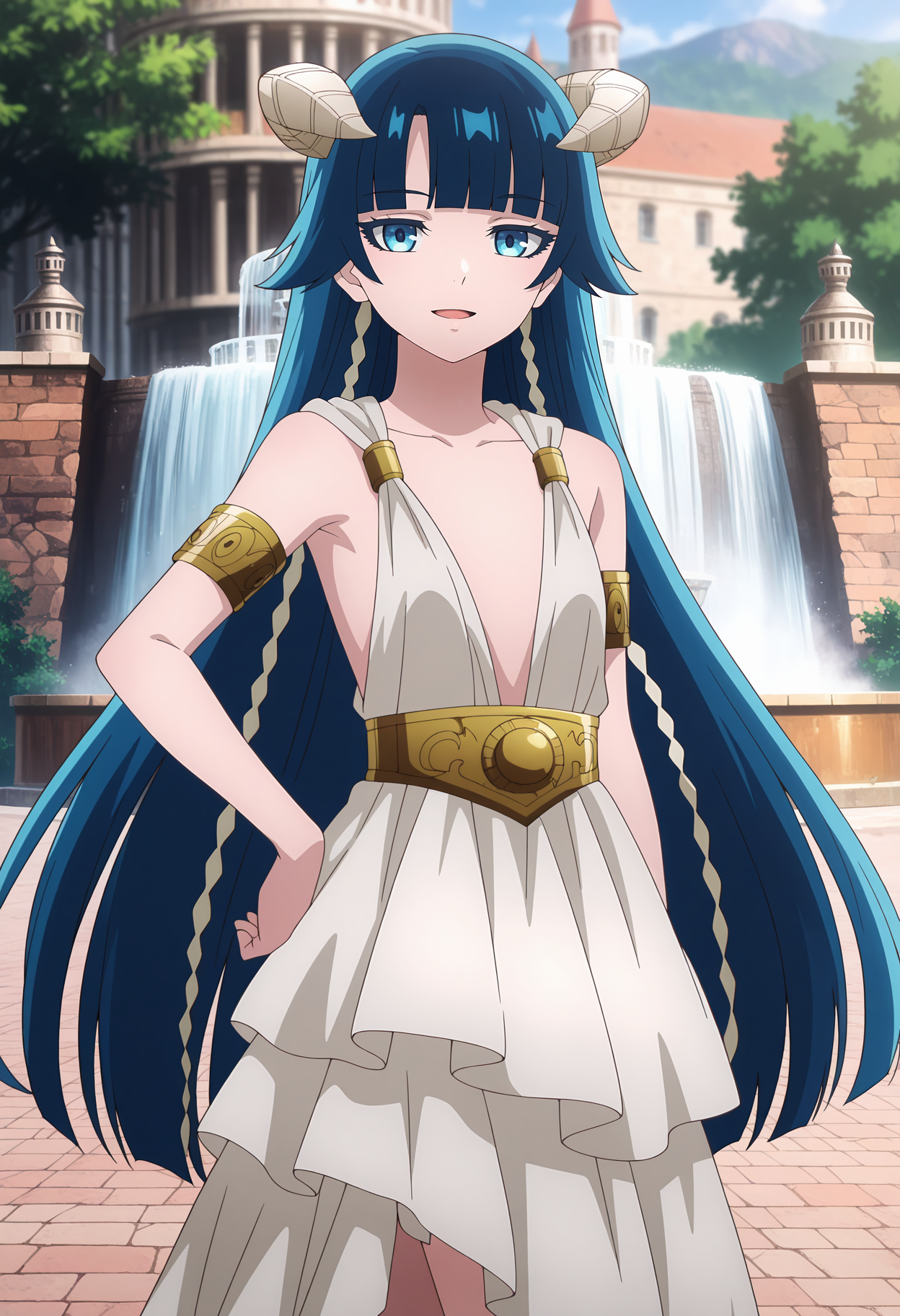 anime screencap, masterpiece, best quality,
<lora:KekkonYubiwaMonogatari_SaphirMaasa_IlluXL:0.9>,
1girl, solo, open mouth, light smile,
blunt bangs, very long hair, blue hair, blue eyes, hair tubes, horns,
ancient greek clothes, flat chest, sleeveless dress, white dress, armlet, belt,
standing, looking at viewer, hand on own hip,
castle, outdoors, fountain, waterfall, foliage, photo background, blurry background
