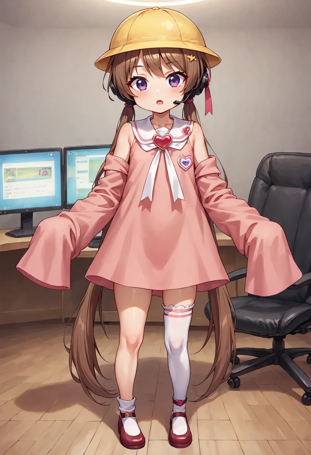 score_9, score_8_up, score_7_up, source_anime, BREAK
<lora:TsukiyomiAi_MMD_Pony_V1:0.83> Tsukiyomi_Ai, Purple Eyes, brown hair, very long hair, low twintails, bangs, pink hair ribbon, headset, school hat, yellow hat,
White neck ribbon, kindergarten uniform, collared dress, frilled collar, pink dress, Heart Brooch, short dress, Sleeveless dress, Heart name tag,
(off Shoulder), collarbone, sleeves past fingers, pink sleeves,
asymmetrical legwear, white thighhighs, white socks, bobby socks, red footwear, drawers,
1 girl, solo, flat chest, (sitting on a chair), face forcas, close up face, (cowboy shot),(close up),
indoor, gaming chair, gaming PC, controller, 4+TV monitors, 4+PC monitors,