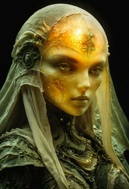 style of Guido Argentini, Capture a stunning Closeup of an Solid enforced midsummer witch upon a hill, from a mushroom in an eerie nightly Mountain beautiful Nature moss and birch tomb, feudal shinobi armored white Spirit wearing hooded Linen cape designed By Studio ghibli, with long flowing cape and high collar, only the eyes glow in the dark, masked with a Bright translucent amber Mask inspired By HR Giger and Franco Fontana, very detailed and vibrant outworn but colorful, She is wearing armor made entirely Made of marbles, both liquid and hard. The marbles are meticulously laid over her arms and limbs, securely fastened with ancient leather straps. , wielding colorful two-toned giant sword,
very detailed, Shot in UHD