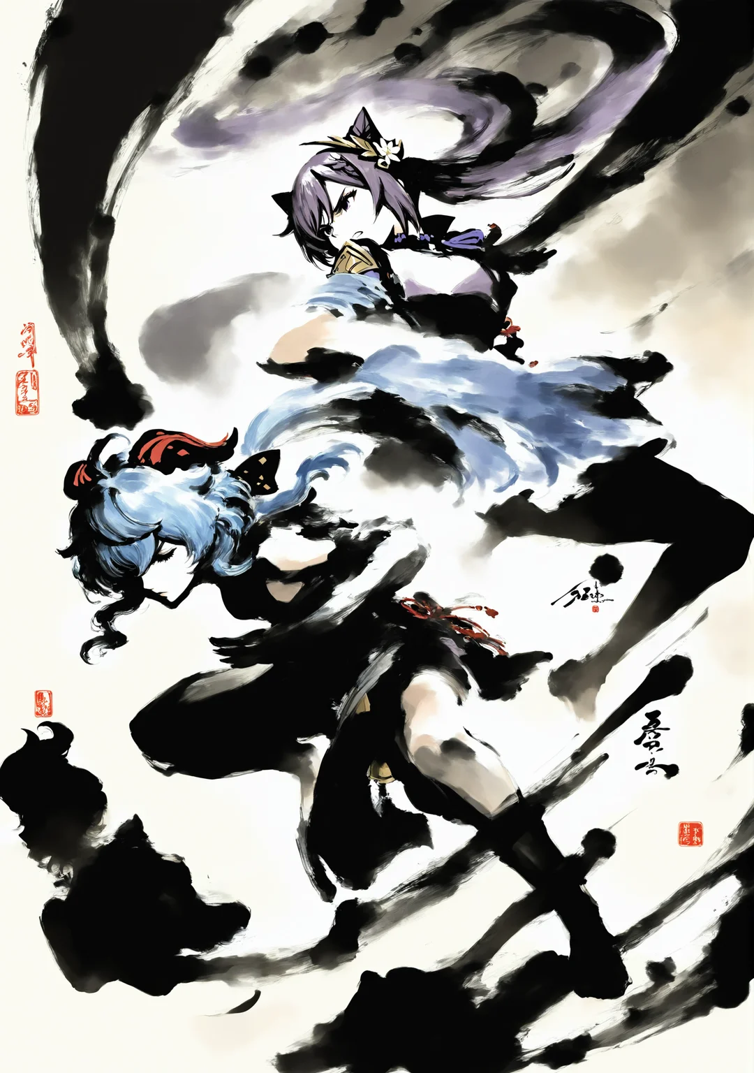 masterpiece,best quality,<lora:yi-noob:1>,ink wash painting,
2girls,ganyu \(genshin impact\),keqing \(genshin impact\),fighting stance,
