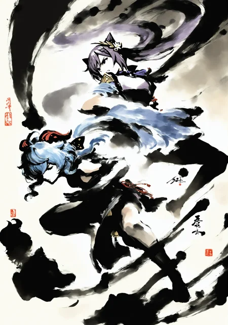masterpiece,best quality,<lora:yi-noob:1>,ink wash painting,
2girls,ganyu \(genshin impact\),keqing \(genshin impact\),fighting stance,