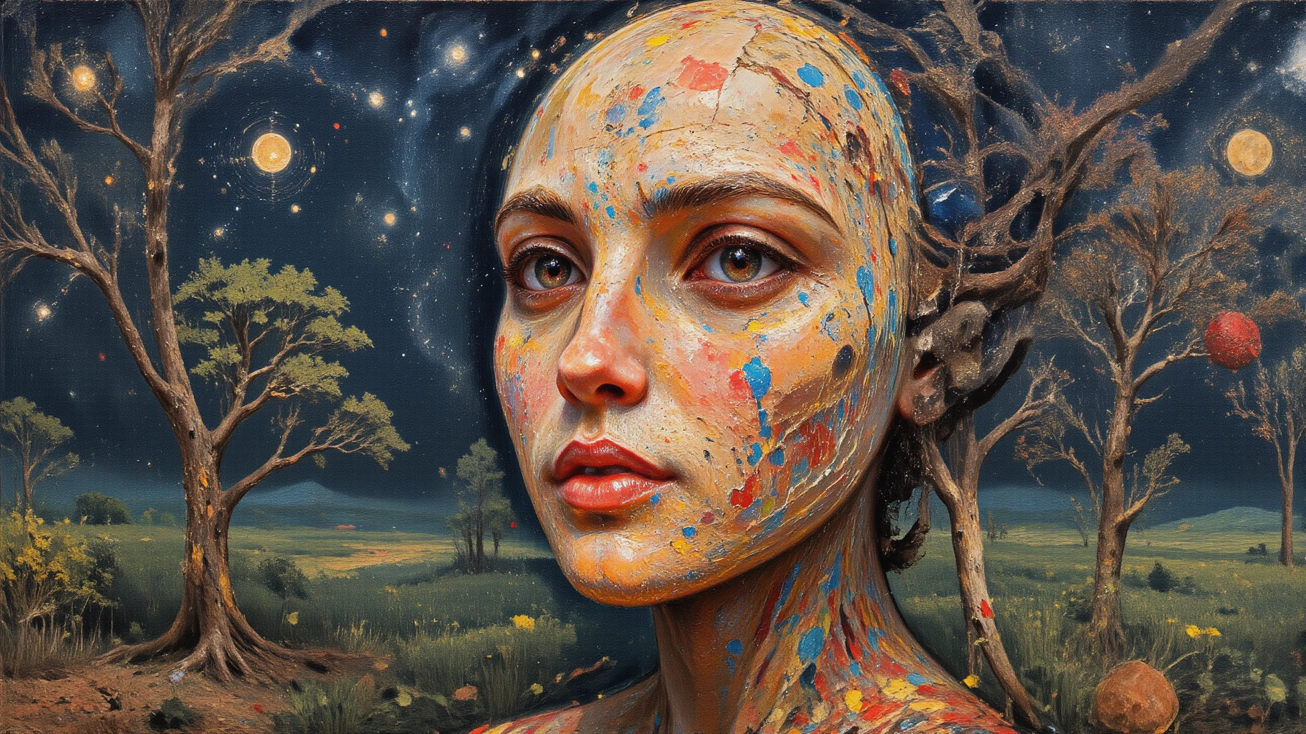 (wasteland),  beautiful Congolese (DRC) landscape,  bright luminous starry night, woman, intricate, very detailed, sharp, colorful, multilayer paint stains,  <lora:Hand v2:1> <lora:Anti-Blur:1> <lora:Insane Detail Slider:0.5>   <lora:Flux.1_Turbo_Detailer:0.6> <lora:flux-photo-transparent_Alpha_1.0:0.8> <lora:flux.1_lora_flyway_Epic-detail_v2:0.6> <lora:Painterly01b_CE_FLUX_AIT:0.8> pntrlyCE_style, <lora:VividlySurreal:0.8> <lora:PsykeV1:1>