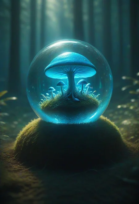 photography,(vibrant colors:0.8),
Glass ball, inside a dimly lit cavern, magical light blue mushroom, everything contained in a glass sphere sitting on a desk, desk, crystal statue of mushrooms inside the glass ball, night, glowing, sea background,
(quantum waveform:0.7)
